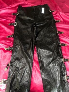 Nasty Gal Black Faux Leather Flare Pants with Buckle Details
